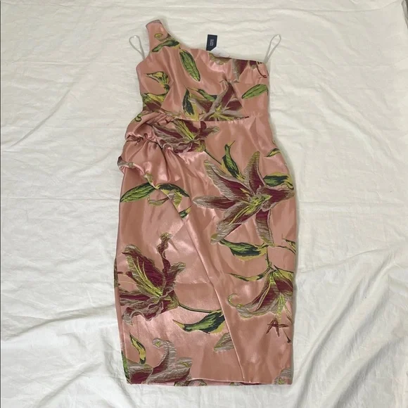 MARCHESA NOTTE One-shoulder Draped Floral-Jacquard Midi Dress in Blush sz 4 NWT - Picture 3 of 16